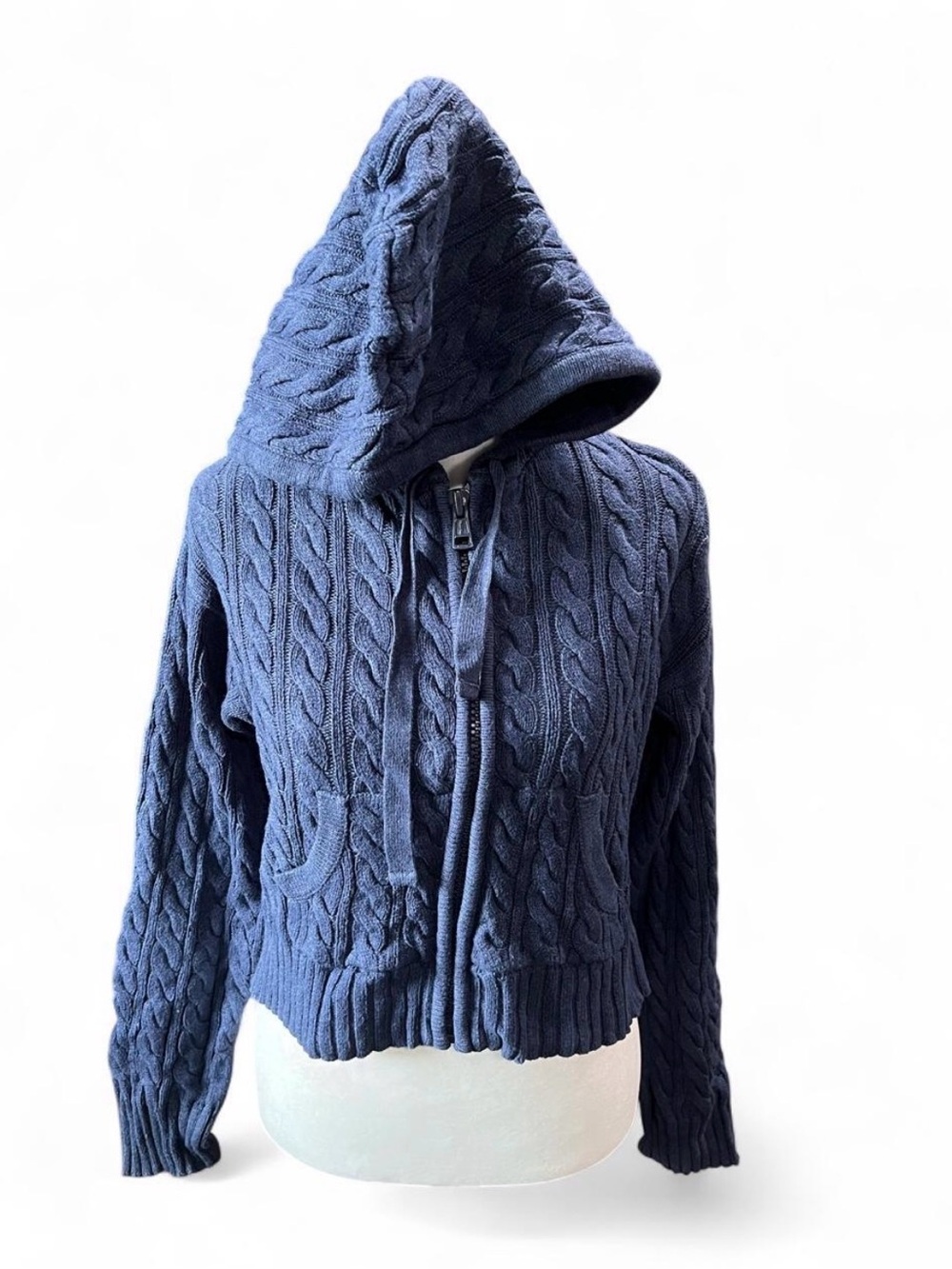Cable Knit Hooded Zip Sweater - Navy